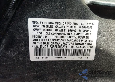 2015 Acura Ilx 2.0L из США, поврежденный, VIN 19VDE1F38FE002209